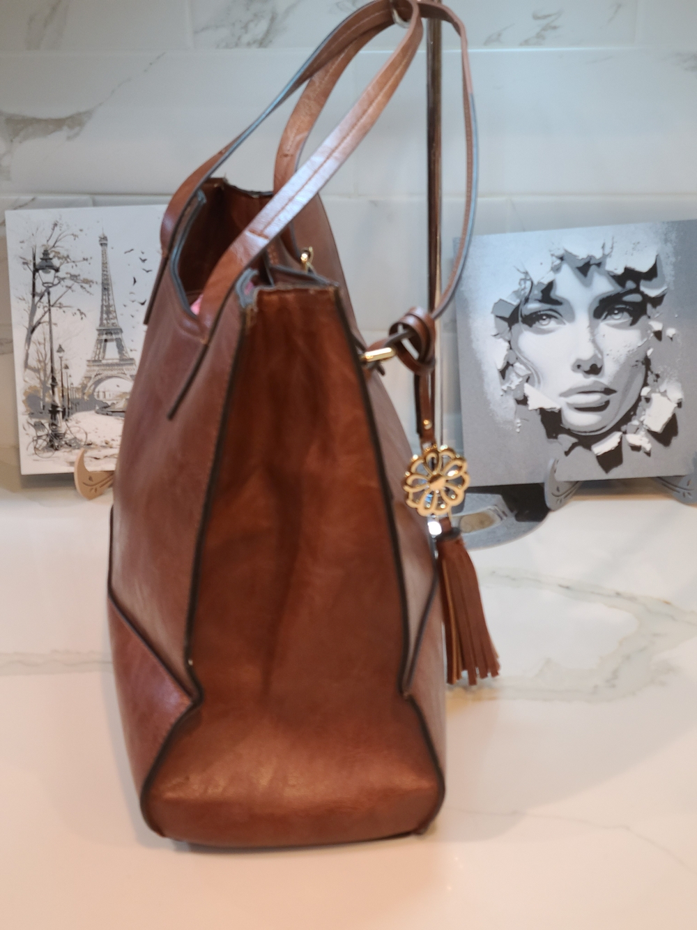 Bueno Brown Leather Tote with Tassel Charm - Picture 6 of 15